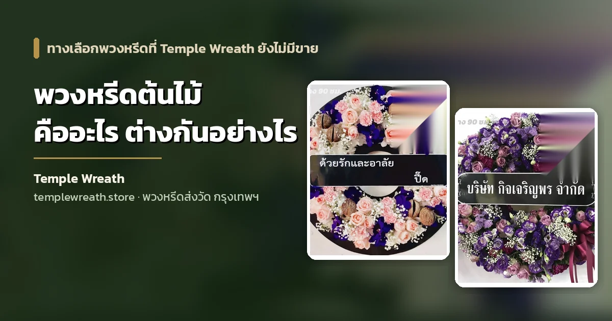 ภาพปกบทความพวงหรีดต้นไม้คืออะไร พื้นหลังเป็นชุดพวงหรีดดอกไม้สดหน้าศาลาวัด